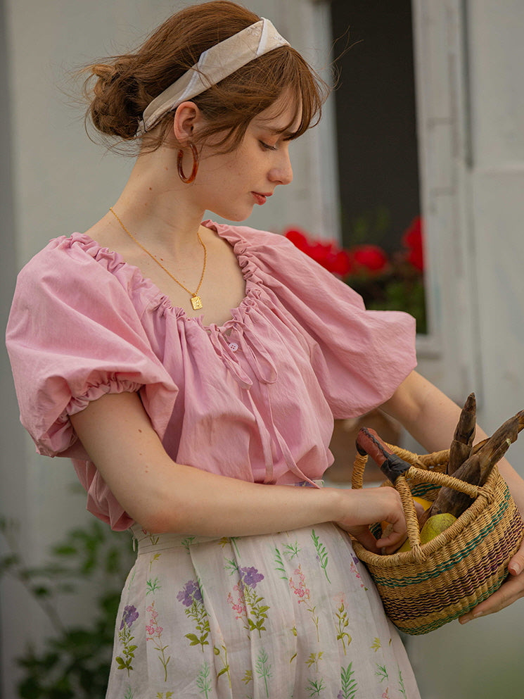 Olivia's Pink Puff-Sleeve Summer Blouse