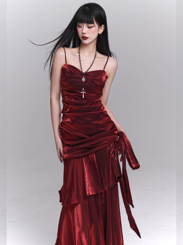 Crimson Siren Tiered Velvet Maxi Dress