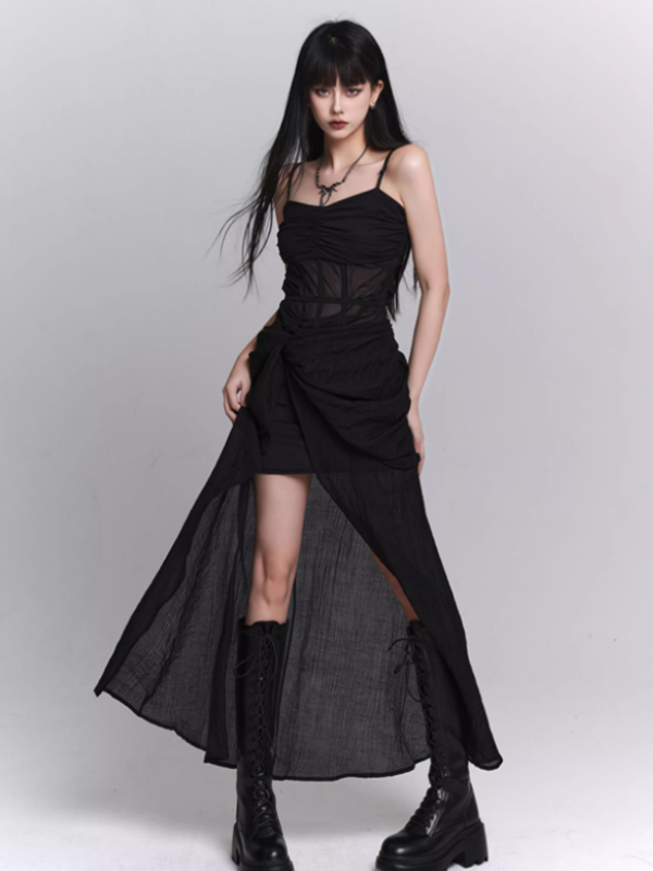 Midnight Siren Sheer Corset Drape Maxi Dress