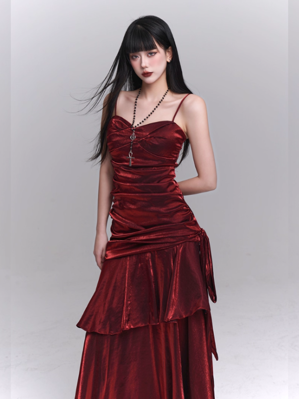 Crimson Siren Tiered Velvet Maxi Dress