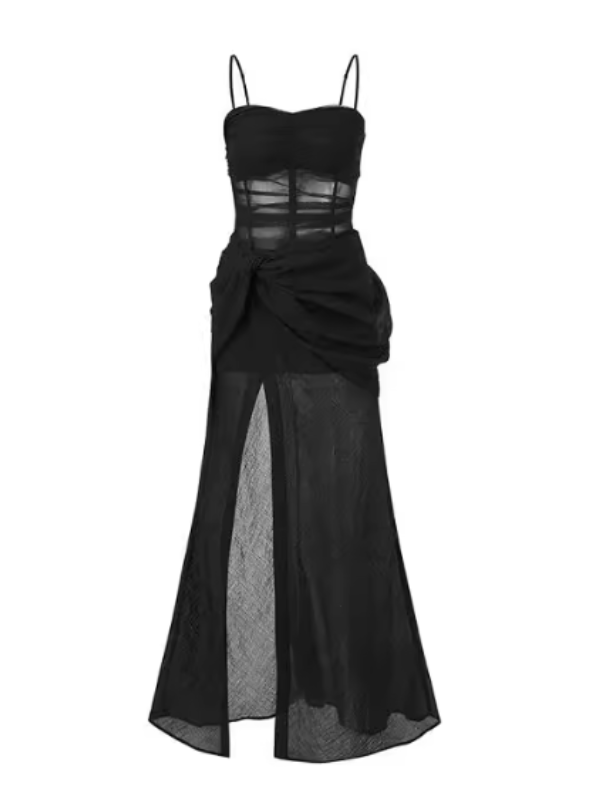 Midnight Siren Sheer Corset Drape Maxi Dress