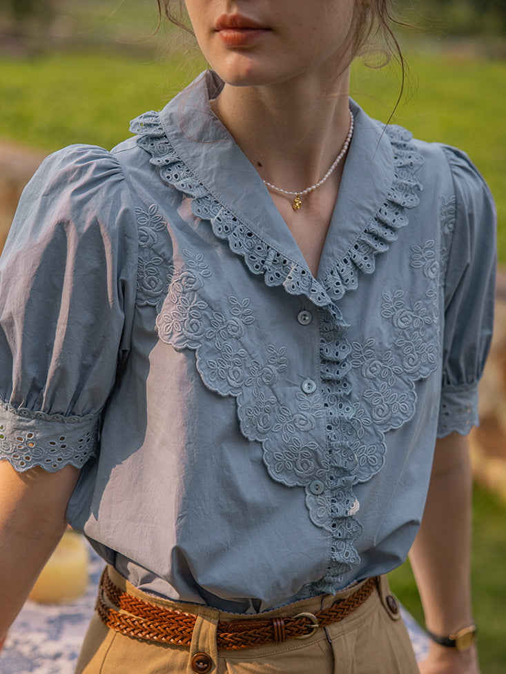 Blue Embroidery Collar Cottage Blouse