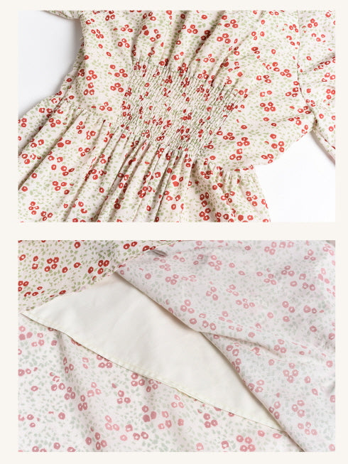 Cottagecore floral long dress featuring a smocked elastic waist and lightweight inner lining, offering a soft vintage aesthetic.