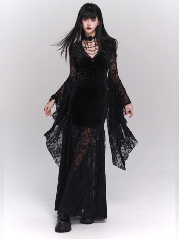 Black Velvet Lace Bell Sleeve Gothic Dress