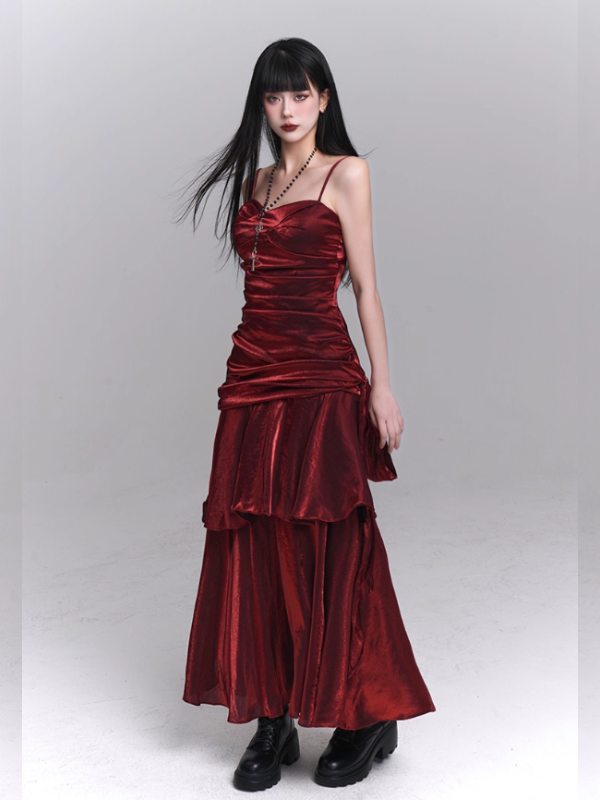 Crimson Siren Tiered Velvet Maxi Dress