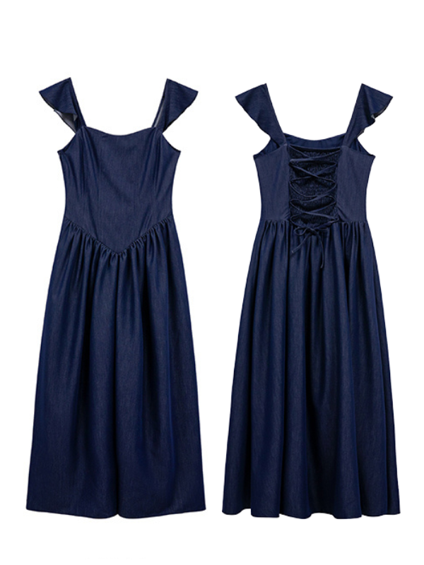 Front and back view of a navy vinage  dress featuring flutter sleeves, a corset lace-up back, and a romantic flared silhouette.