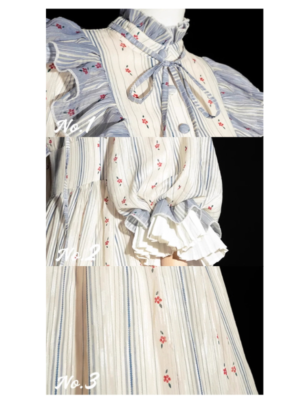 Striped Blue Ruffle Floral Cotton Dress Cottagecore Vintage Outfit Striped Blue Ruffle Floral Cotton Dress Cottagecore Vintage Outfit
