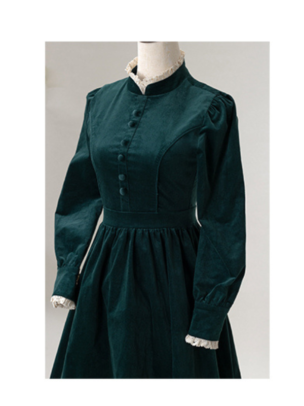 Forest Green Velvet Dress - Lace Cuffs | Puff Sleeves - Vintage Aesthetic Dark Green / L Forest Green Velvet Dress - Lace Cuffs | Puff Sleeves - Vintage Aesthetic Dark Green / L