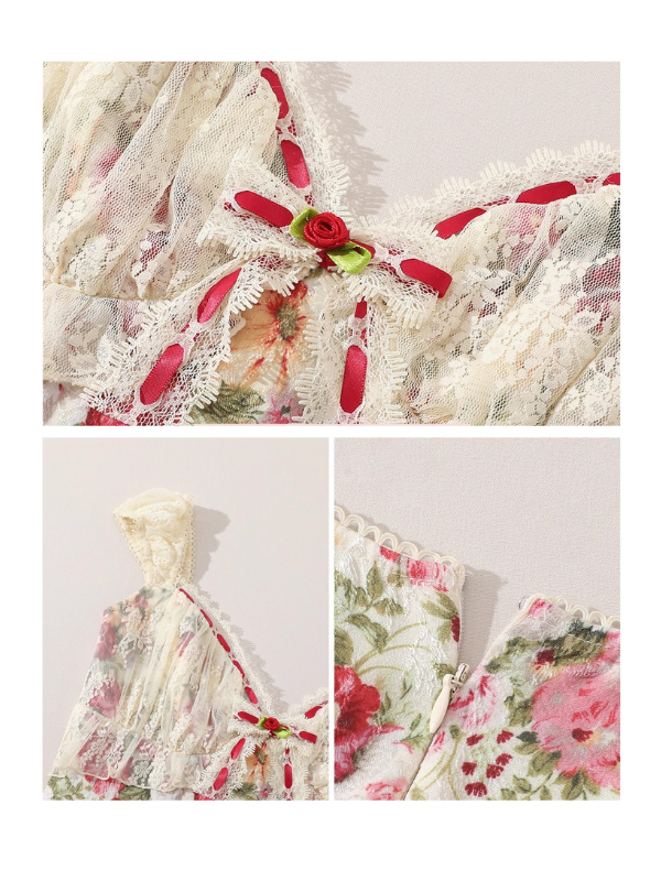 Red Bloom Cotton Lace-Up Dress