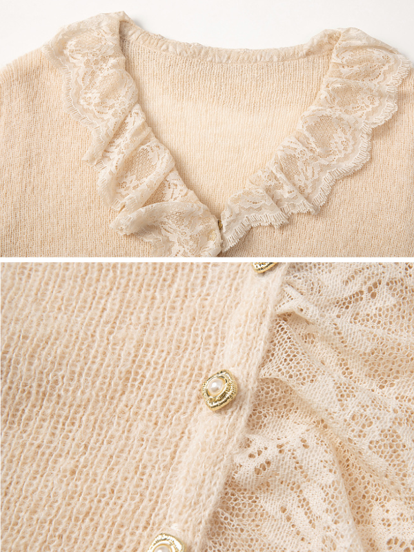 Ivory Lace Trim Wool Blend Cardigan