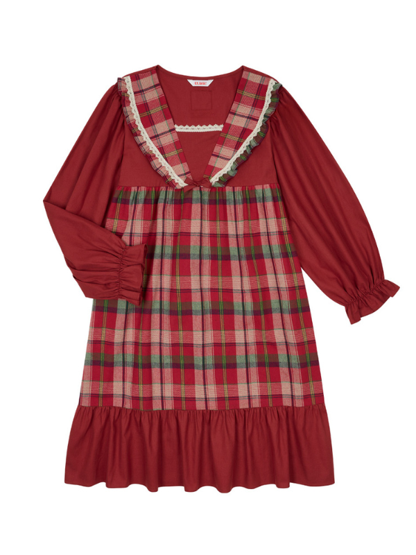 Plaid-Trim Cotton Loungewear Dress