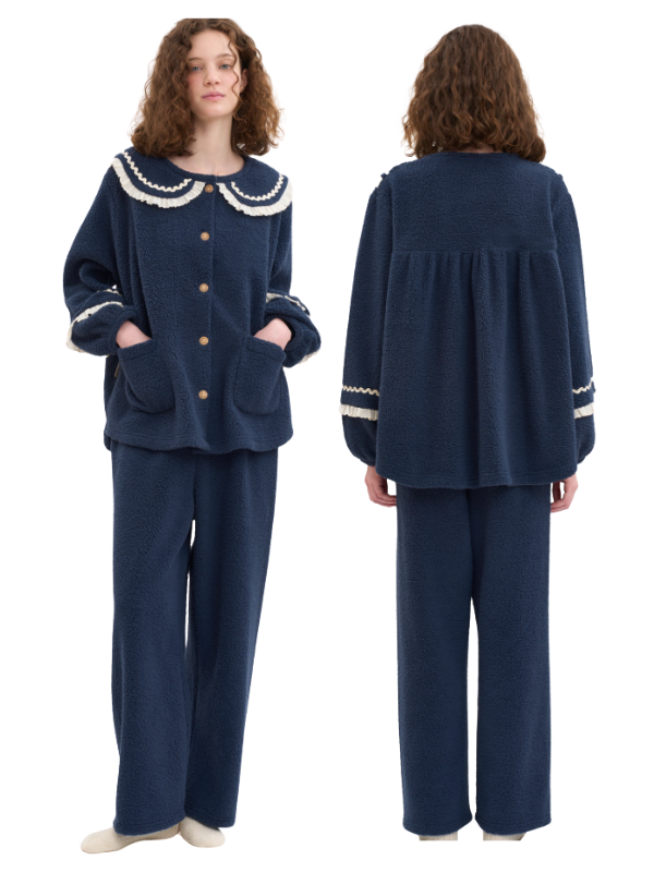 Navy Ruffle Collar Fleece Pajama