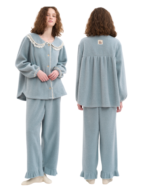 Dusty Blue Lace Collar Fleece Pajama