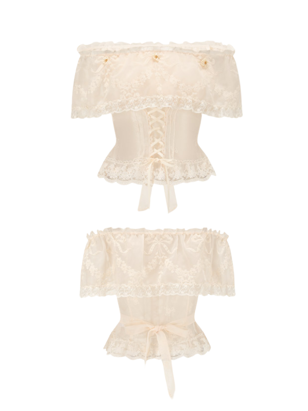 Ivory off-shoulder lace corset top with floral embroidery and ruffle trim, featuring front lace-up and back ribbon tie – vintage romantic aesthetic women's blouse