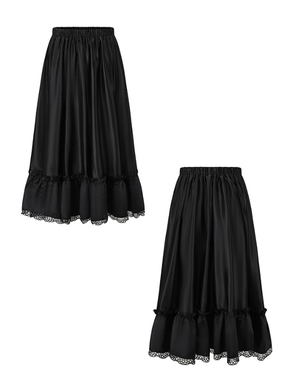 Vintage-Inspired Satin Ruffled Lace Black Skirt