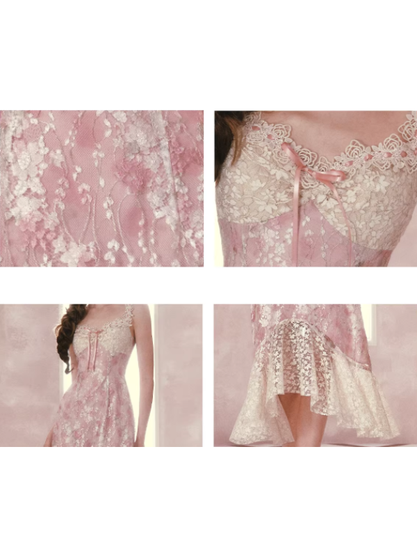 green emerald velvet dress Taliah Lace-Trim A-Line Midaxi Dress in Pink main image 1