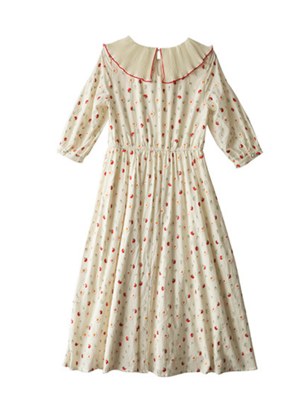 Pleated Collar Retro Floral Cotton Dress