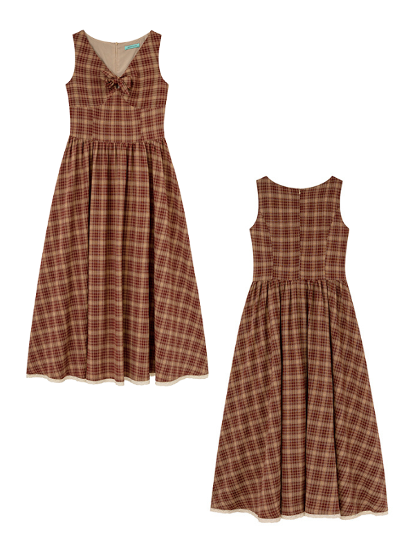 Front and back flat lay of a sleeveless plaid dress with a ribbon detail and gathered waist, perfect for vintage and cottagecore styling.