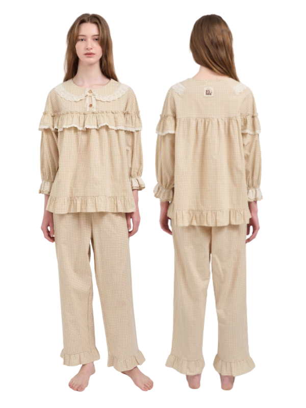 Beige Gingham Ruffle Cotton Pajama Set