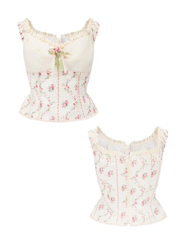Front and back view of vintage-inspired floral corset top with lace trim and ribbon bow detail – romantic off-shoulder design for cottagecore and fairytale styling