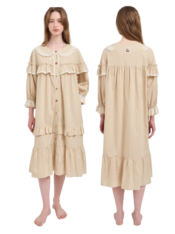 Beige Gingham Lace Ruffle Nightgown