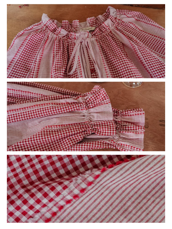 Vintage Gingham Puff-Sleeve Cotton Blouse