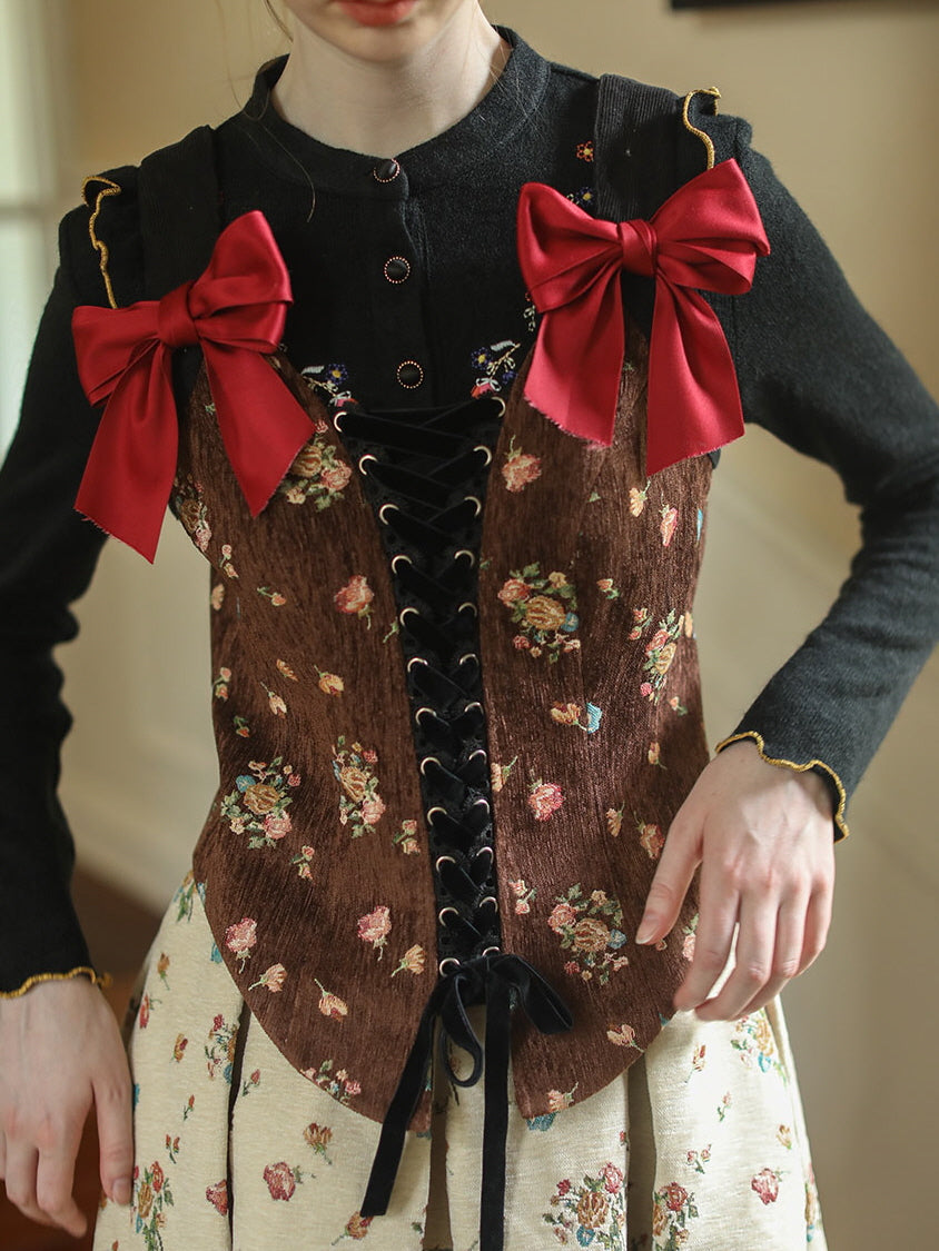 Floral Velvet Corset with Ribbon Accents