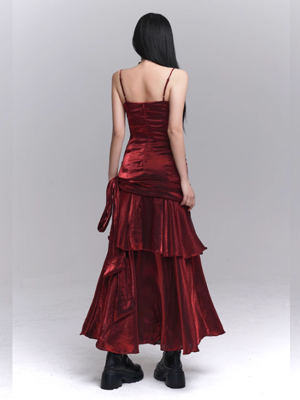 Crimson Siren Tiered Velvet Maxi Dress