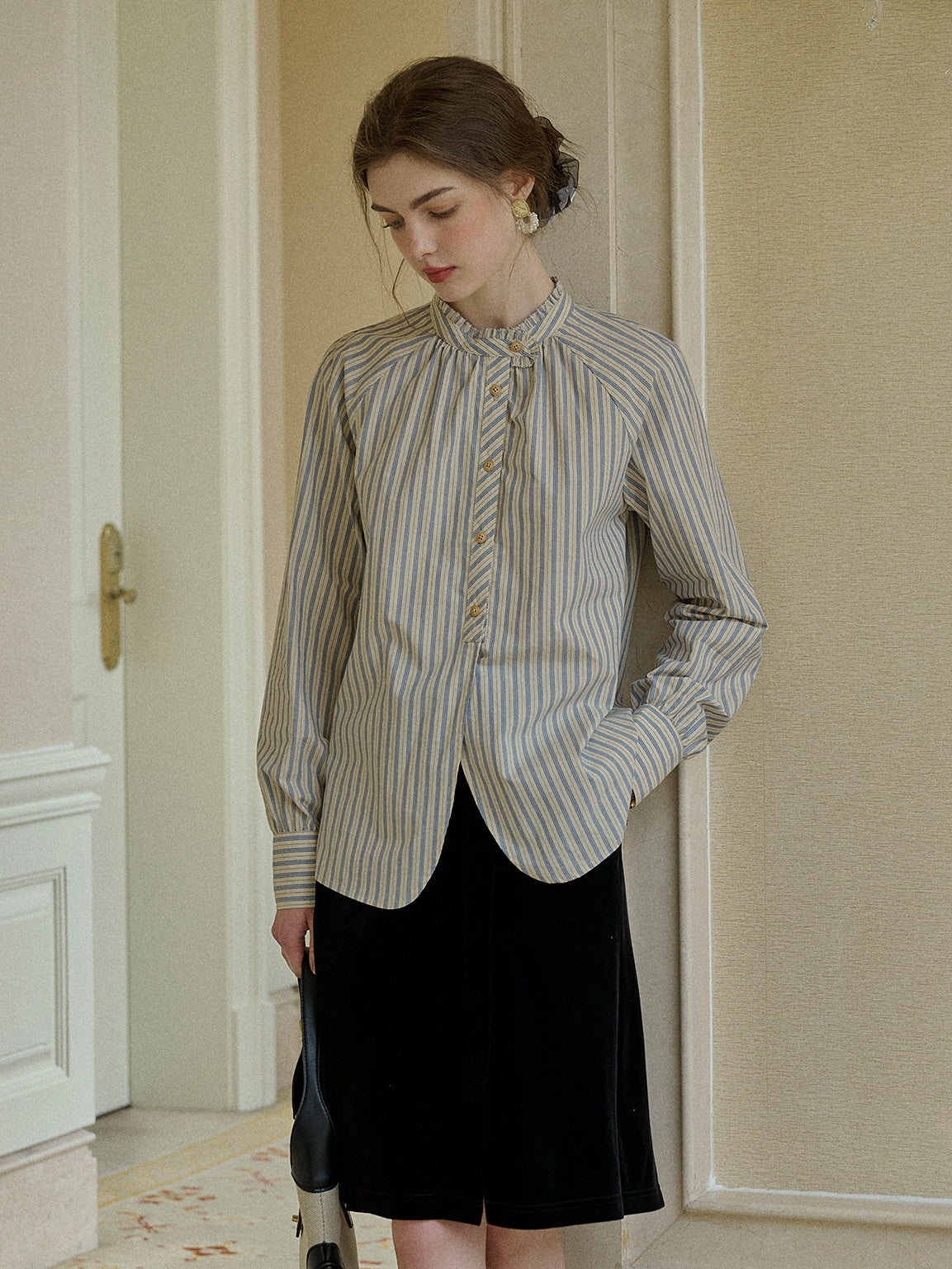 Striped Ruffle Collar Cotton Blouse