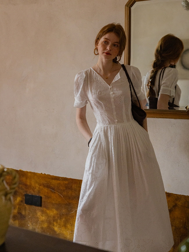 White Eyelet Lace Dress - Puff Sleeves & Floral Embroidery - Cottagecore Aesthetic Outfit White(Pre-Sale 25days) / M