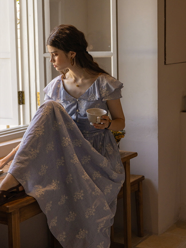 Blue Stripe Floral Cotton Dress Ruffle Neckline, Vintage Cottagecore Style Blue(Pre-Sale 25days) / M Blue Stripe Floral Cotton Dress Ruffle Neckline, Vintage Cottagecore Style Blue(Pre-Sale 25days) / M