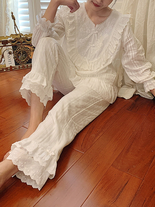 Romantic Lace-Trim Cotton Pajama Set