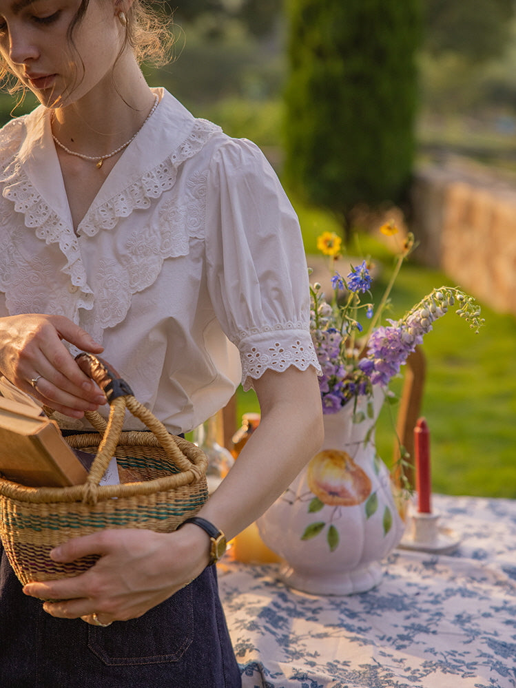 White Embroidery Collar Cottage Blouse