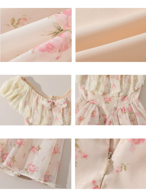 Vintage Floral Off Shoulder Dress – Lace Coquette Princess Mini
