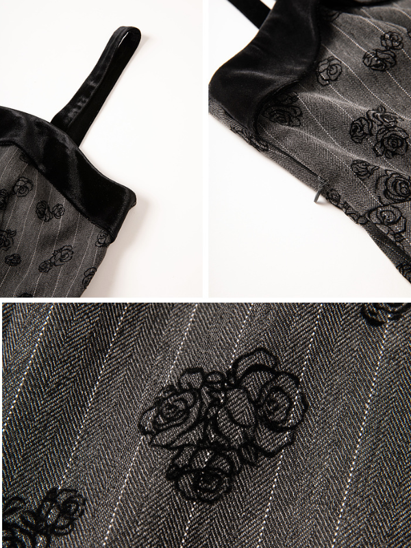 Elegance Noir Floral Velvet Embroidered Pinafore Dress