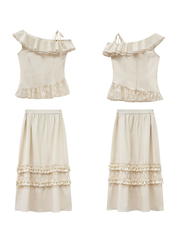 Front and back views of a cream off-shoulder ruffle top and tiered lace skirt set, perfect for romantic cottagecore and vintage styling.
