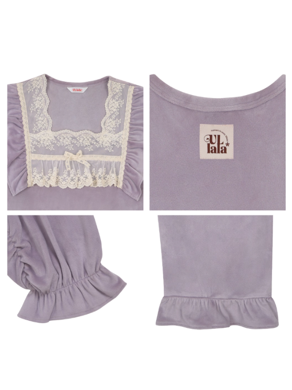 Lavender Velvet Lace Ruffle Loungewear Set