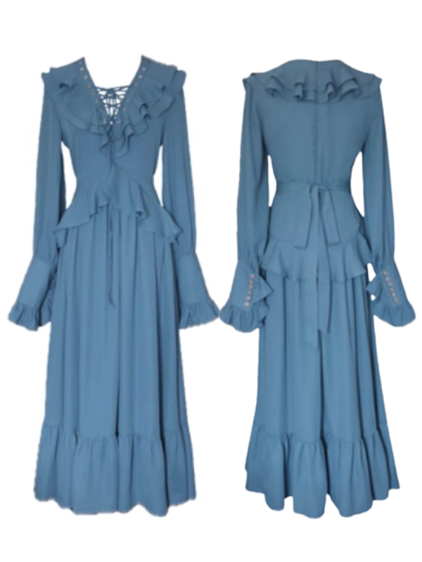 Blue Victorian Ruffle Lace-Up Dress