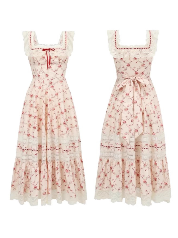 Red Bloom Cotton Lace-Up Dress