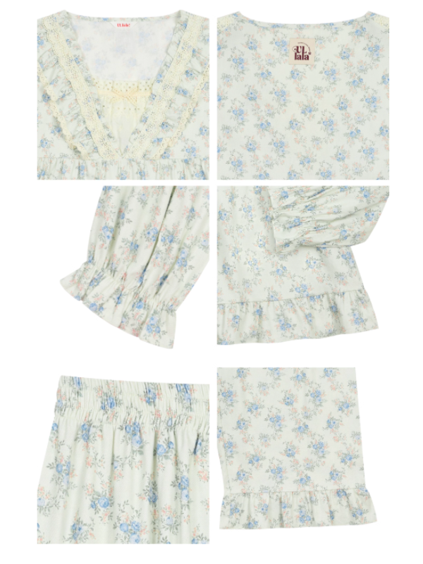 Blue Garden Lace Ruffle Pajama Set