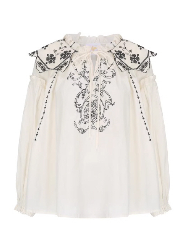 Embroidered Vintage Collar Cotton Blouse