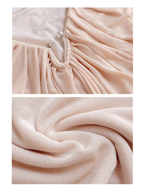 Pearl Button Cape Pleated Slim Dress