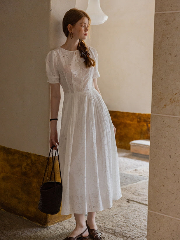 White Eyelet Lace Dress - Puff Sleeves & Floral Embroidery