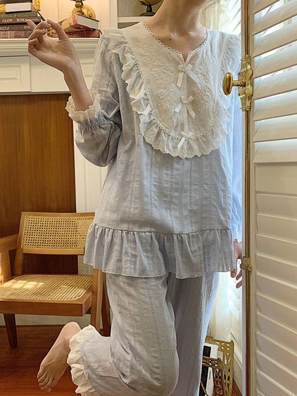 Vintage Ruffled Cotton Blue Pajama Set