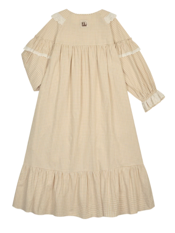 Beige Gingham Lace Ruffle Nightgown