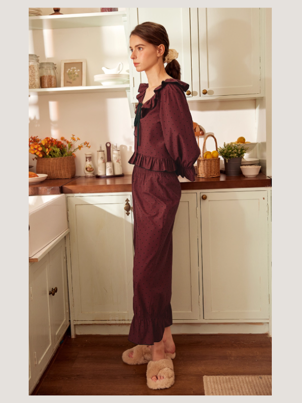 Wine Ribbon Ruffle Vintage Loungewear Set