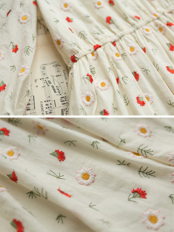 Pleated Collar Retro Floral Cotton Dress