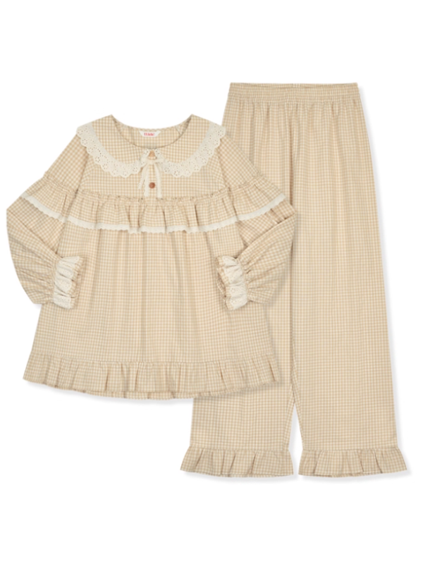 Beige Gingham Ruffle Cotton Pajama Set