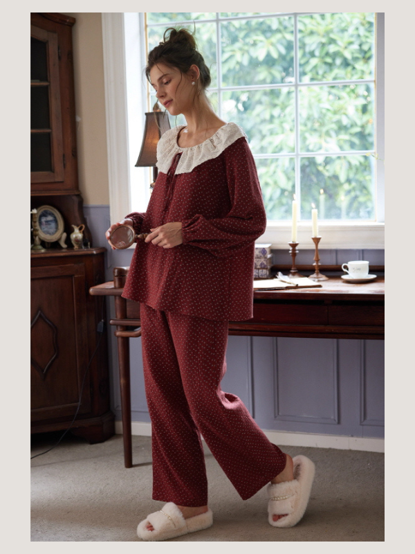 Vintage Rose Collar Burgundy Loungewear Set