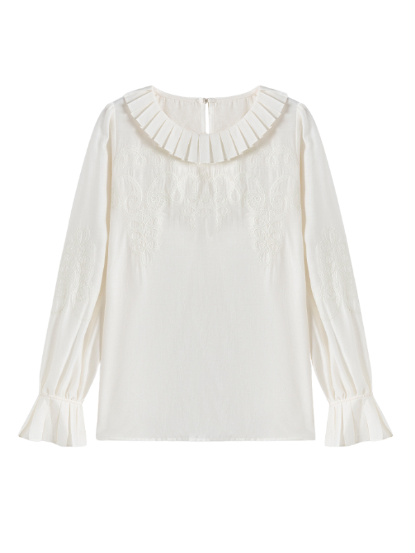 Pleated Collar Embroidered Blouse